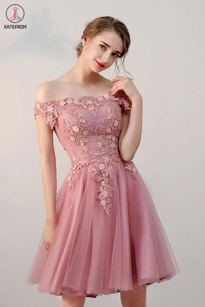 Pink Off the Shoulder Short Tulle Prom Dress, Cute Homecoming Dress with Appliques KPH0504