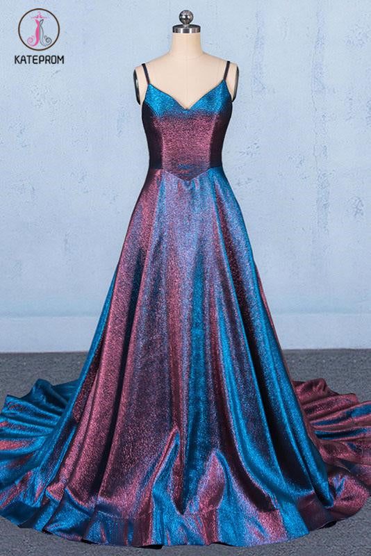 A Line V Neck Sleeveless Prom Dress, Spaghetti Straps Long Evening Dresses KPP1082