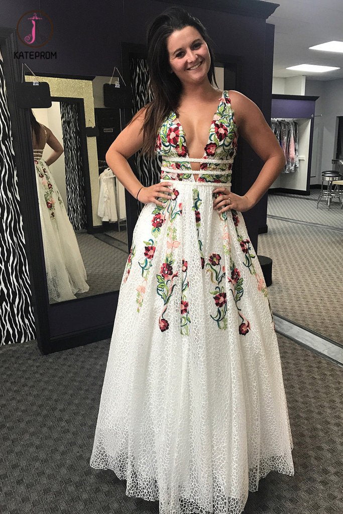 Princess V Neck Floral Embroidery Long Prom Dress with Pocket, Long Lace Prom Dresses KPP0744