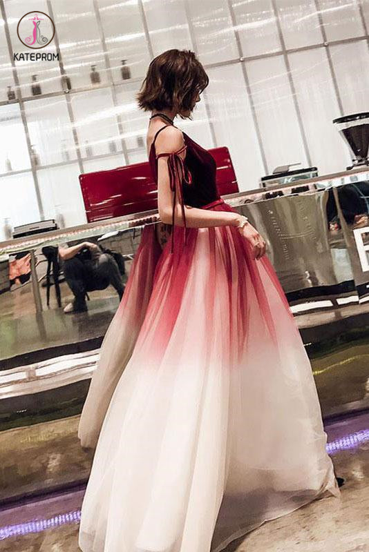 Ombre Long Tulle Prom Dress, Unique V Neck Sleeveless Party Dresses, Dance Dress KPP0827