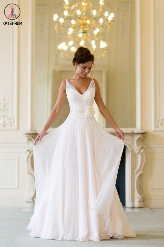 Floor Length V Neck Sleeveless Chiffon Beach Wedding Dress with Flowers KPW0577