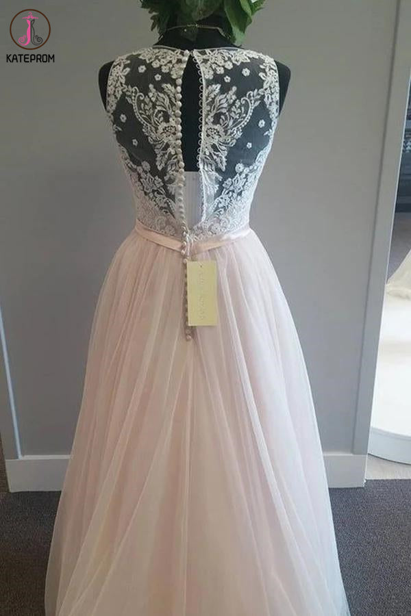 Light Pink V Neck Sleeveless Tulle Beach Wedding Dress with Lace Applique, A Line Bridal Dress KPW0571