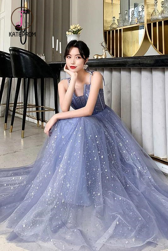 Unique Sparkle Straps Floor Length Tulle Prom Dress, A Line Sleeveless Evening Dresses KPP1004