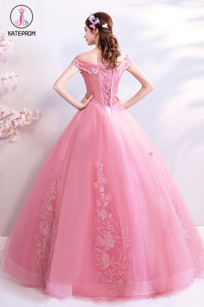 Pink Off the Shoulder Puffy Tulle Prom Dresses, Floor Length Appliqued Quinceanera Dress KPP1056