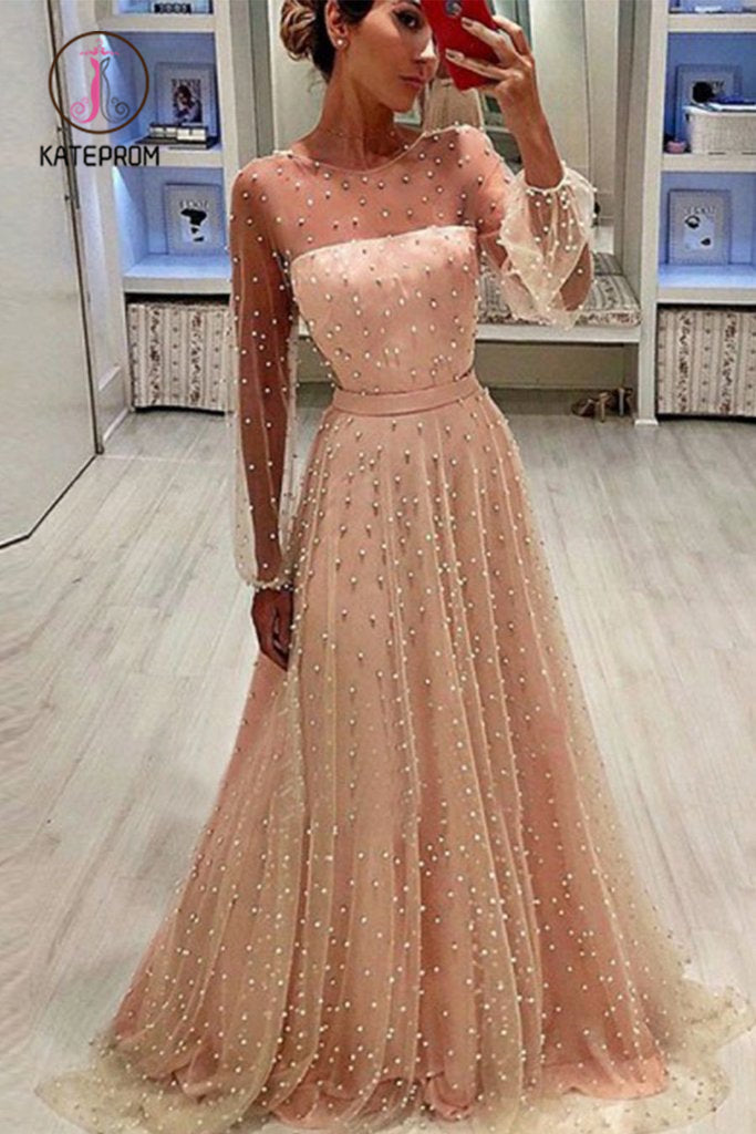 A-Line Jewel Long Sleeves Pearl Pink Long Prom Dress with Pearls, Unique Formal Dress KPP0927