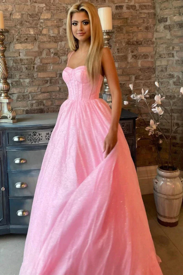 Shiny Pink Tulle Spaghetti Straps Sparkly Long Prom Formal Evening Dress KPP1647