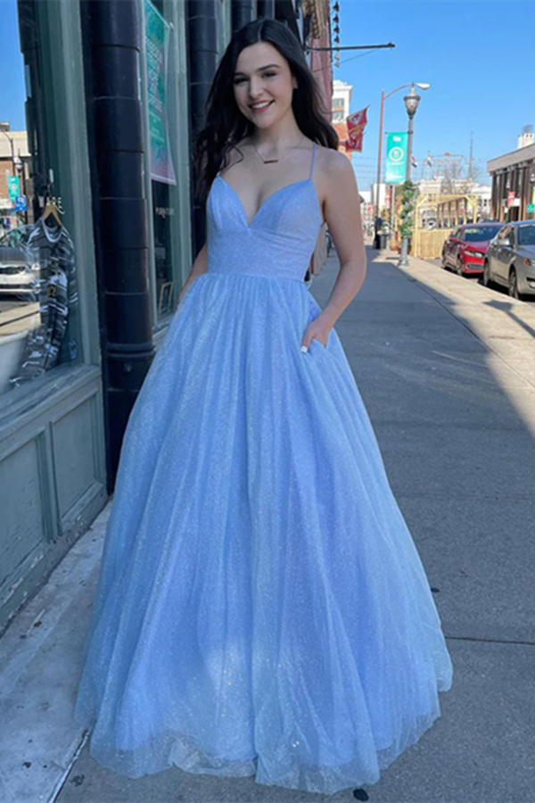 Twinkly A Line Sky Blue Tulle Long Prom Dress, Party Gown for Sale KPP1621