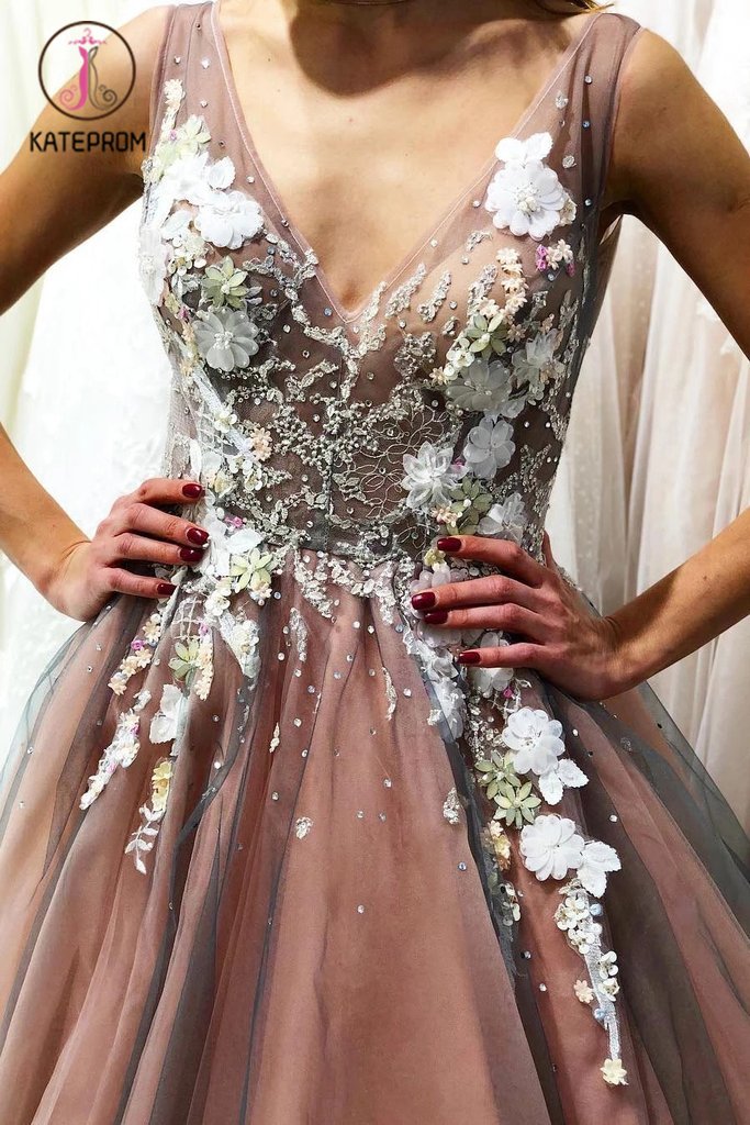 A Line V Neck Sleeveless Tulle Party Dress with Flowers, Gorgeous Prom Dress with Appliques KPP1138