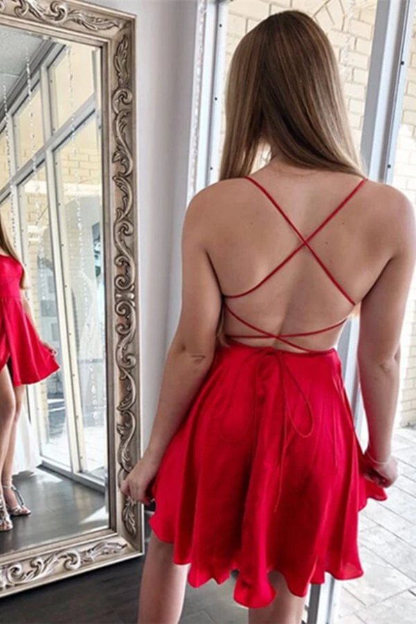 Septing - septing Cute Red Satin A line Cross Back Spaghetti Straps Homecoming Dresses KPH0586