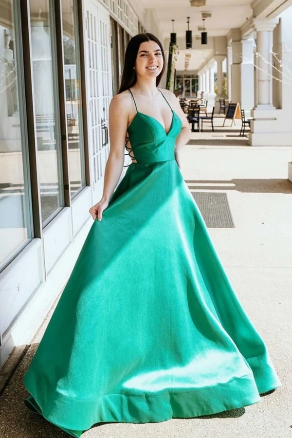Simple V Neck Green Satin Long Prom Dresses, V Neck Green Formal Graduation Evening Dresses KPP1386