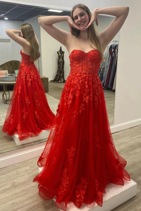 Strapless Red Tulle Long Prom Dress with Lace Appliques KPP1646