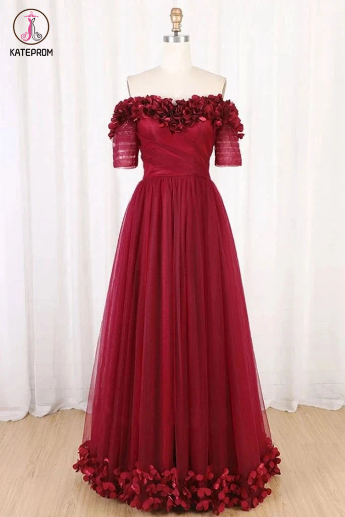 Burgundy Off Shoulder Floor Length Tulle Prom Dress with Applique, A Line Tulle Evening Dress KPP1272