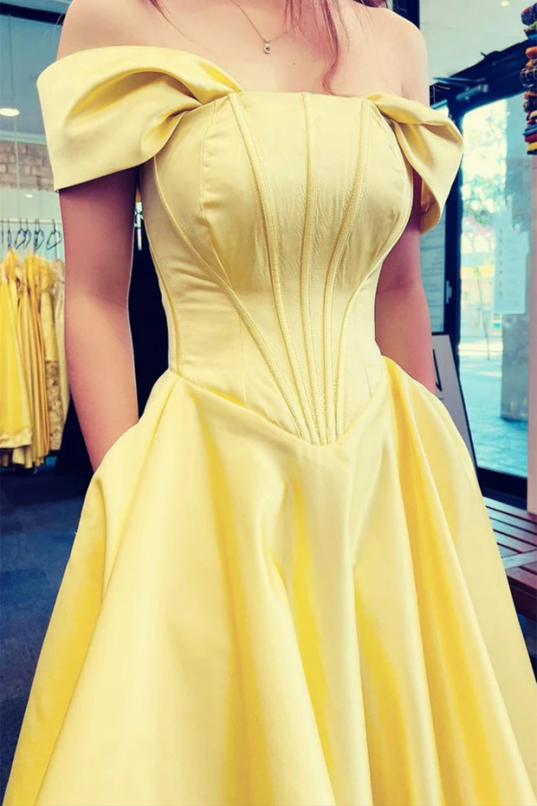 Off Shoulder Yellow Satin Long Prom Dress with Pocket, Long Yellow Formal Dress KPP1669
