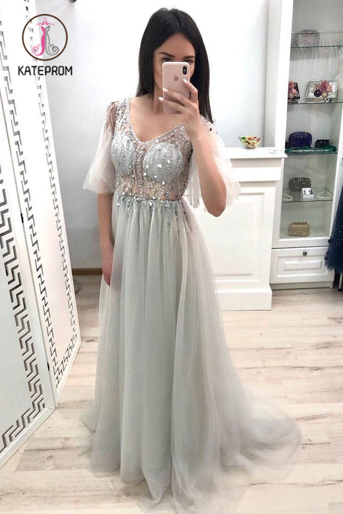 A Line V Neck Tulle Prom Gown with Half Sleeves, Long Party Dress with Beading KPP0902