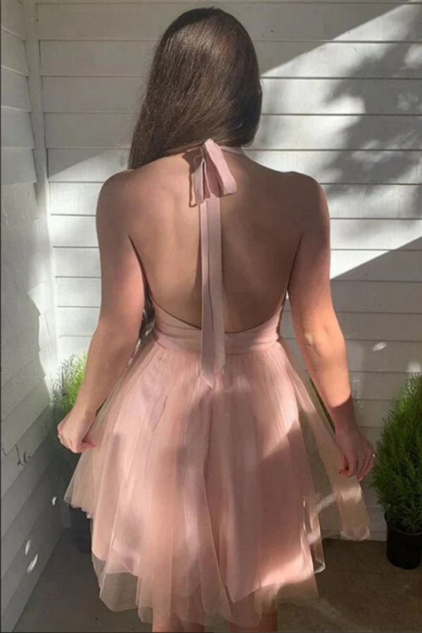 Pink A line Tulle Halter Backless Homecoming Dresses, Short Prom Dresses KPH0665