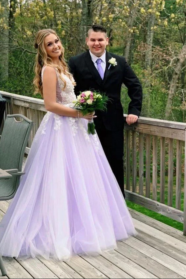 Lilac A line V neck Evening Dress, Long Prom Dresses With Appliques KPP1400