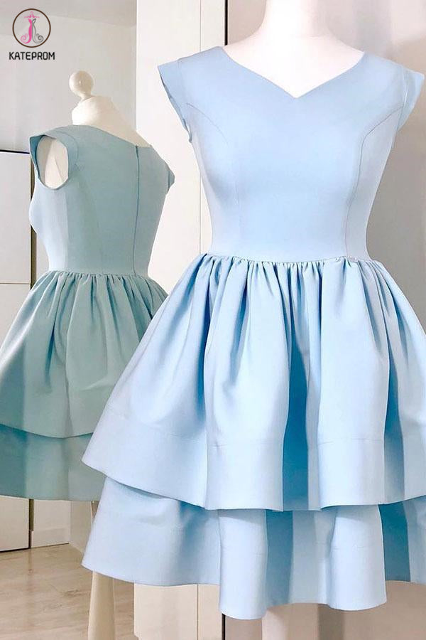 Light Blue Cap Sleeve Homecoming Dress, Two Layers V Neck Short Party Dress KPH0482