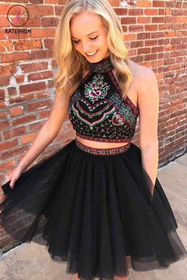 Two Piece Halter Backless Above-Knee Black Tulle Homecoming Dress with Embroidery KPH0398