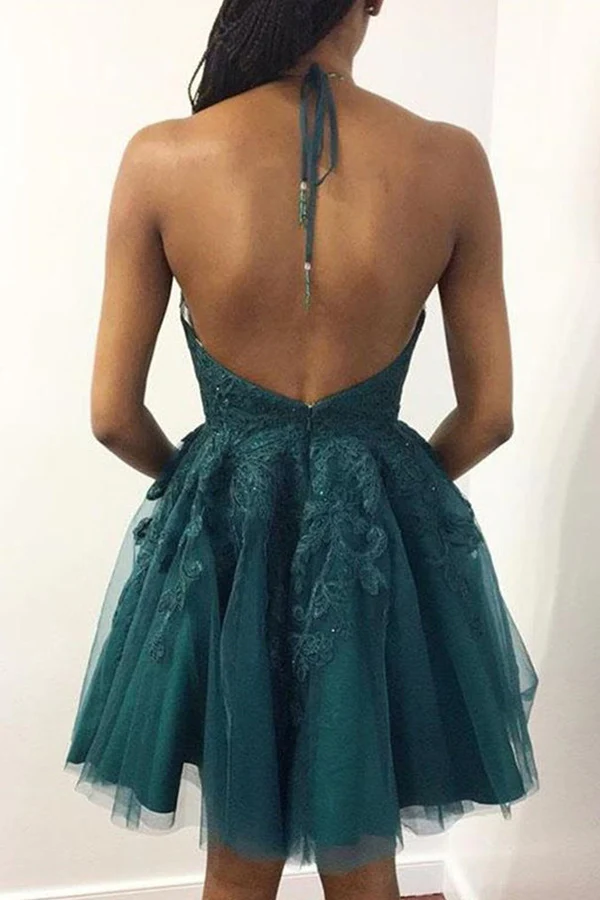 Halter Neck Short Emerald Green Lace Prom Dresses Homecoming Dresses KPH0627