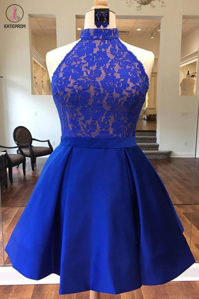 Royal Blue High Neck Satin Short Homecoming Dress with Lace Top, Cute Prom Dress KPH0471