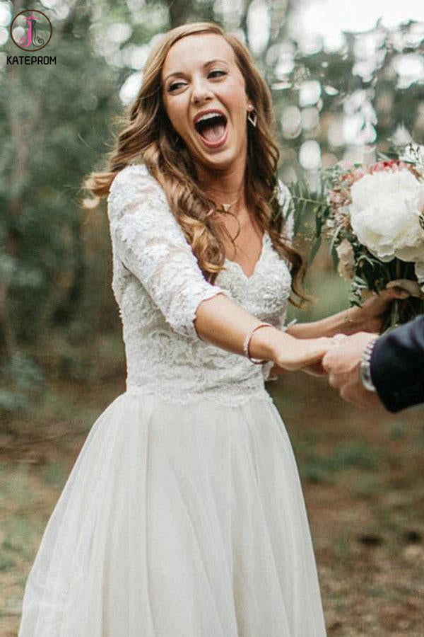 A-Line V-Neck Half Sleeves Backless Tulle Wedding Dress with Lace Appliques KPW0557