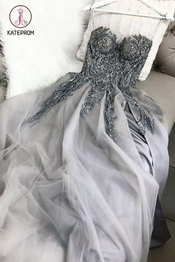 Light Gray Sweetheart Tulle Appliqued Prom Dress with Lace Up Back, A Line Evening Dress KPP1230