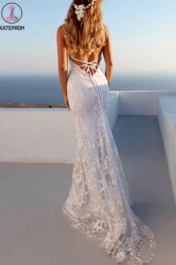 Sexy Backless Off White Mermaid Lace V Neck Wedding Dresses, Long Prom Dresses KPW0611