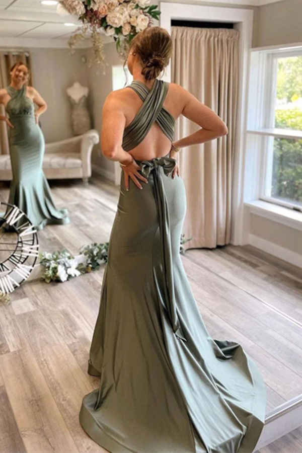 Gray Green Satin Mermaid Bridesmaid Dresses With Sweep Train KPB0202
