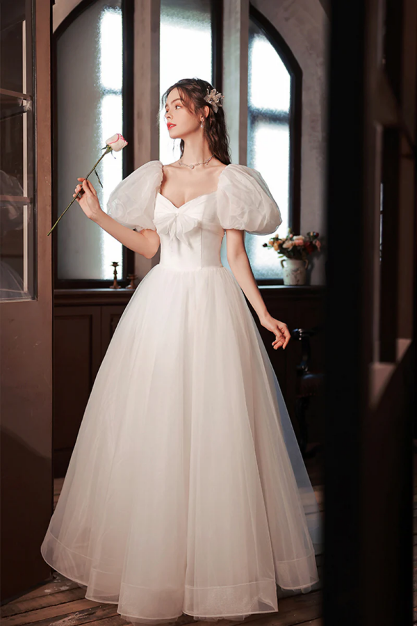 White Tulle Long Prom Dress, Lovely A Line Puff Sleeve Evening Dress KPP1755