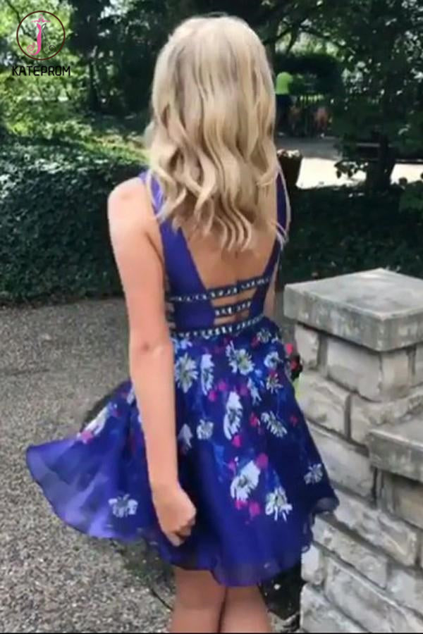 Sexy Royal Blue A-Line V-Neck Backless Short Prom Homecoming Dress KPH0375