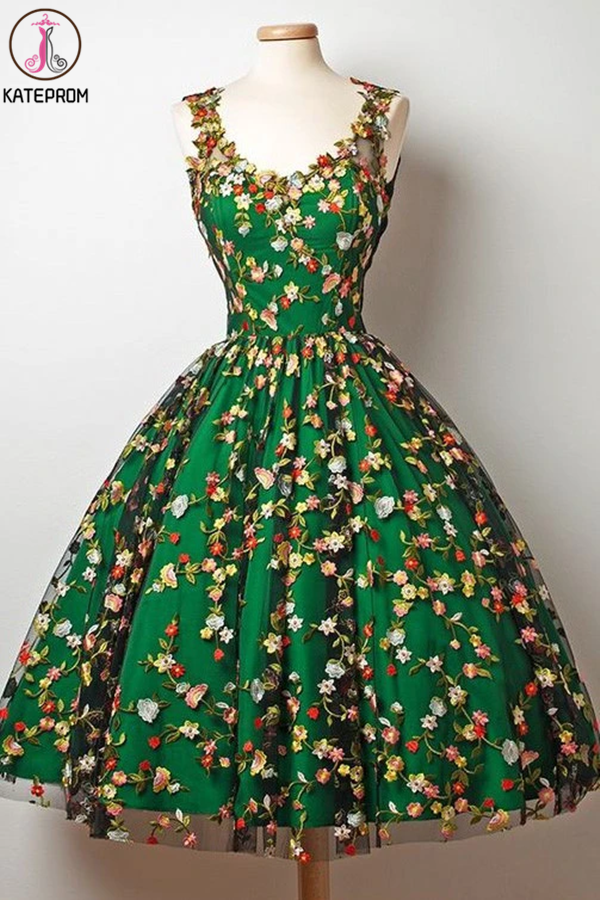 A-Line V-Neck Knee Length Sleeveless Dark Green Lace Homecoming Dress with Appliques KPH0544