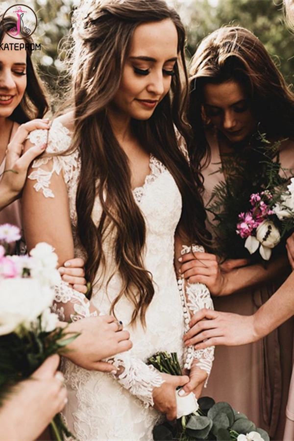 Elegant Mermaid Wedding Dresses Long Sleeves Lace Bridal Gowns KPW0630