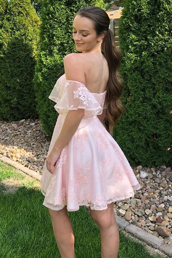 Off The Shoulder Short Pink Lace Prom Dresses Homecoming Dresses KPH0633