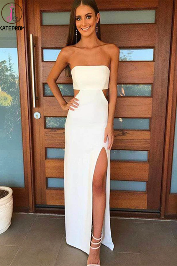 A Line Strapless White Prom Dress, New 2021 Formal Evening Dresses KPP1311