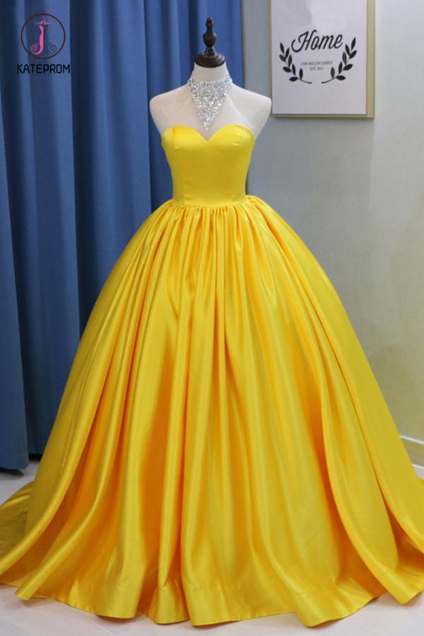 Yellow Ball Gown High Neck Prom Dress with Beading, Long Halter Quinceanera Dress KPP0626