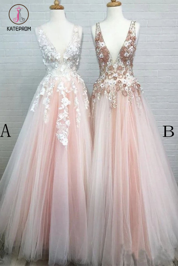 Light Pink V Neck Sleeveless Tulle Prom Dress with Flowers and Beads KPP1102