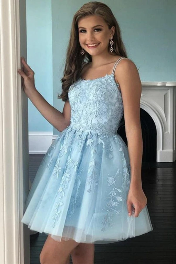 A Line Light Blue Tulle Homecoming Dress With Lace Appliques, Short Prom Dress KPH0580