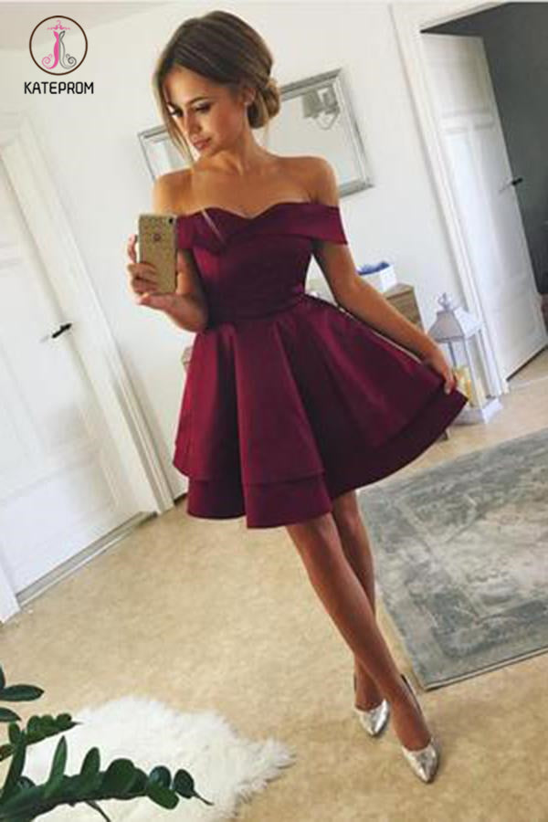 Short Satin Off-The-Shoulder Homecoming Dresses, A Line Mini Ruched Prom Dress KPH0309