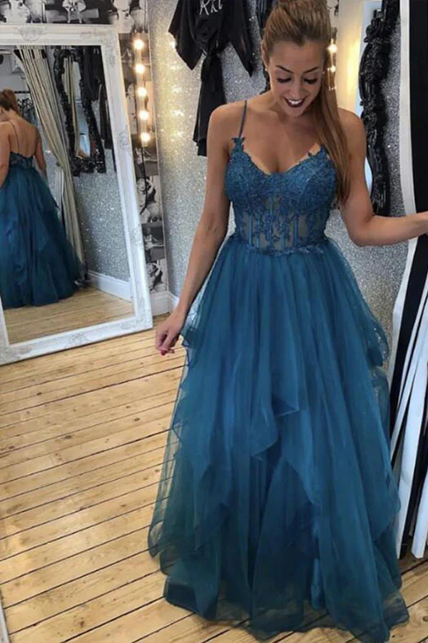 Teal Tulle Straps A Line Prom Dress With Lace Appliques KPP1658