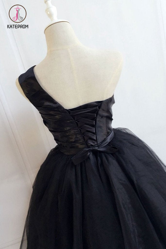Cute Black One Shoulder Short Prom Dress, Black Tulle Homecoming Dress with Belt KPH0337