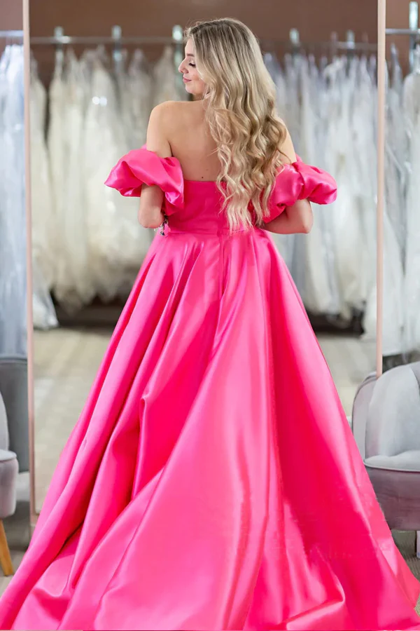 Hot Pink Puff Sleeves Off The Shoulder Simple Prom Evening Dresses KPP1720