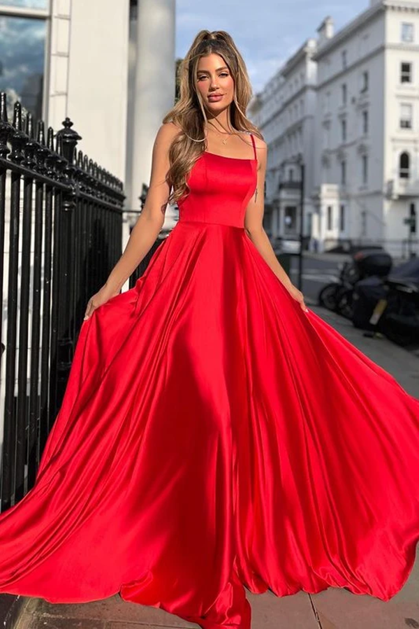 Spaghetti Straps Red A line Long Prom Dresses For Teens KPP1474