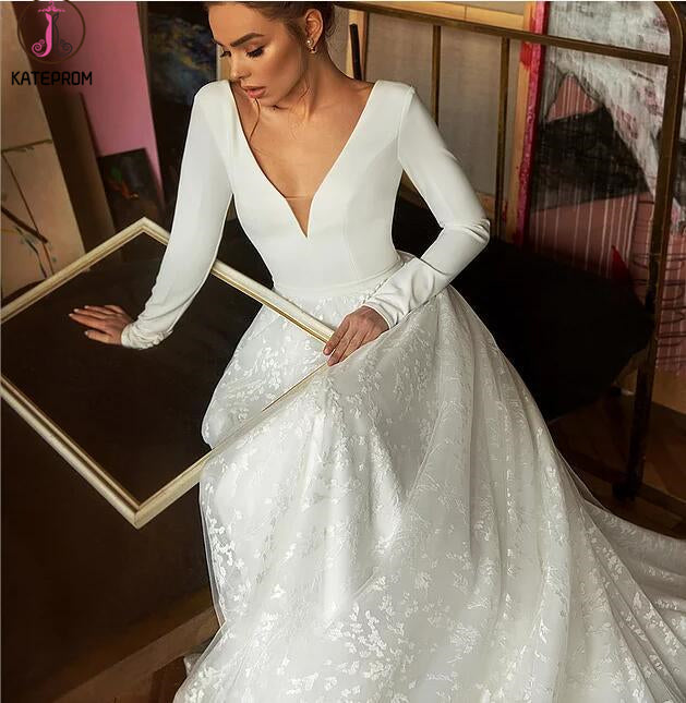 A Line Long Sleeves V Neck Beach Wedding Dress, Elegant Long Bridal Dresses KPW0587