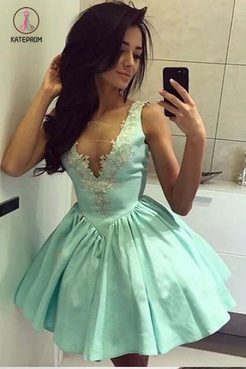 Cute Tiffany Blue V Neck Appliqued Short Homecoming Dress, Mini Graduation Dress KPH0304