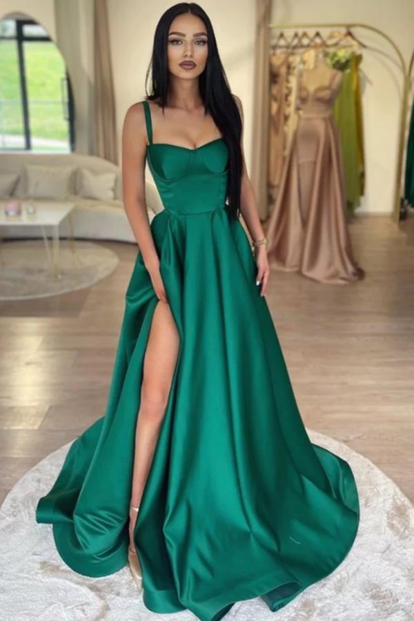 Simple A Line Green Satin Long Prom Dress with High Slit KPP1775