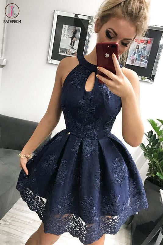 Navy Blue Lace Homecoming Dress, Simple Sleeveless Short Party Dresses Prom Dress KPH0523
