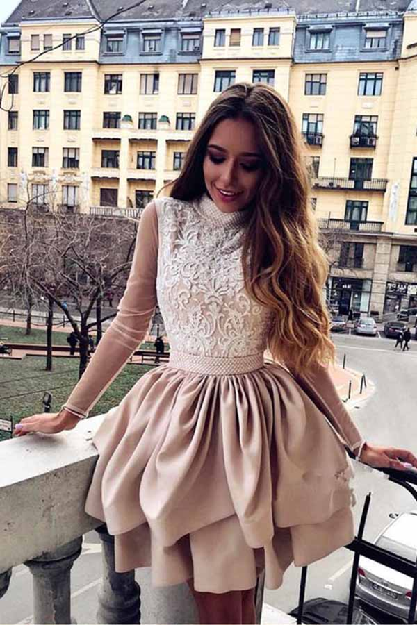A Line High Neck Long Sleeve Pleats Open Back Satin Short Homecoming Dresses With Lace KPH0594