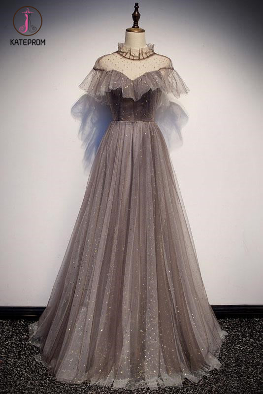 Floor Length High Neck Sparkly Prom Dress with Ruffles, A Line Shinny Evening Dress KPP1070