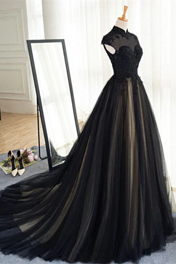 Chic A line High Neck Black Tulle Floor Length Modest Prom Dress Evening Dress KPP1546