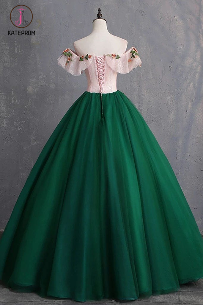 Green Off the Shoulder Floor Length Prom Dress with Appliques, Puffy Quinceanera Dress KPP1062